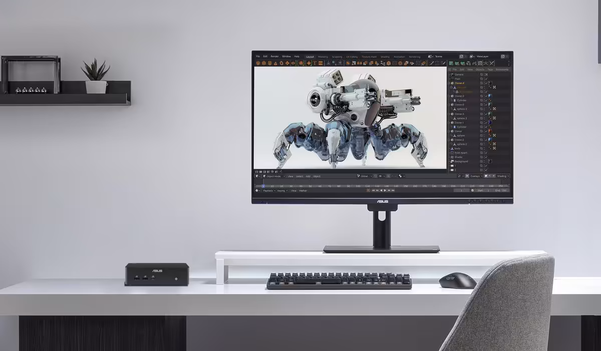 ASUS NUC 16 Pro : prix dès 631 € en barebone, jusqu'à 2 542 € avec Windows 11 Pro 2 ASUS NUC 16 Pro sur bureau avec écran affichant rendu 3D fond épuré