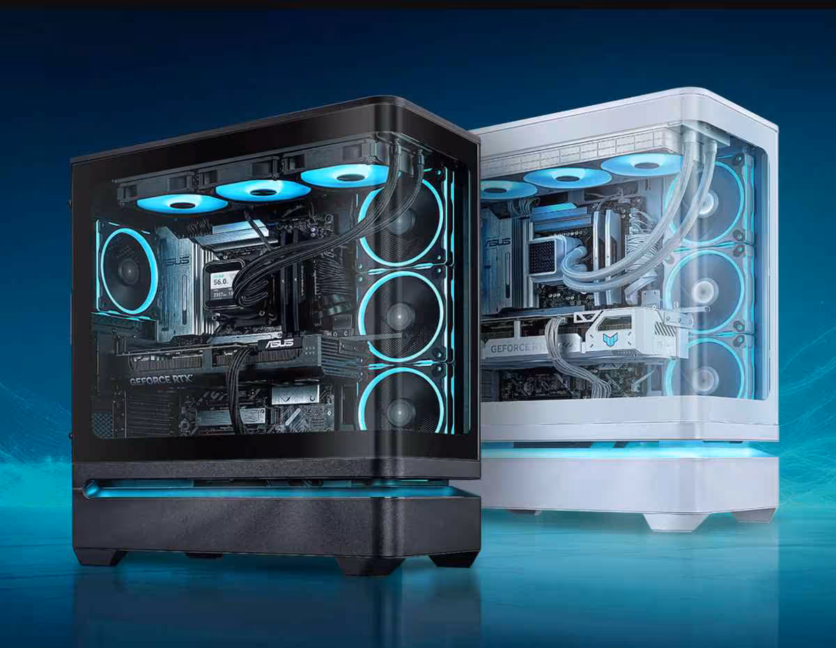 ASUS Prime AP304 : un boîtier panoramique ATX avec verre courbé et GPU jusqu’à 420 mm 2 Deux boîtiers ASUS Prime AP304, versions noire et blanche, avec façade vitrée et éclairage RGB