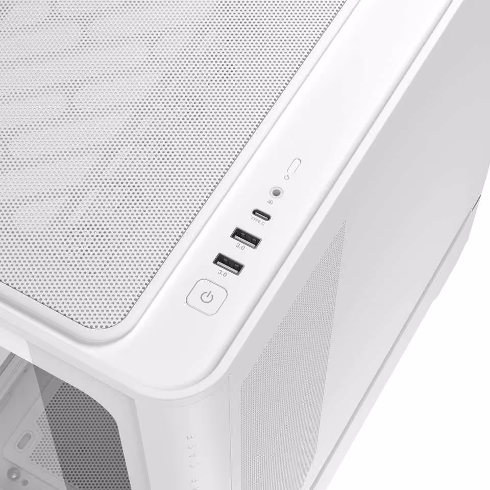 ASUS Prime AP304 : un boîtier panoramique ATX avec verre courbé et GPU jusqu’à 420 mm 4 Gros plan du panneau supérieur du boîtier ASUS Prime AP304 blanc, ports USB et bouton power