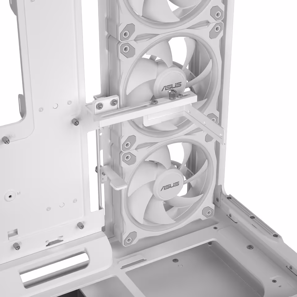 ASUS Prime AP304 : un boîtier panoramique ATX avec verre courbé et GPU jusqu’à 420 mm 5 Intérieur du boîtier ASUS Prime AP304 blanc, support ventilateurs ASUS et châssis modulaire visible