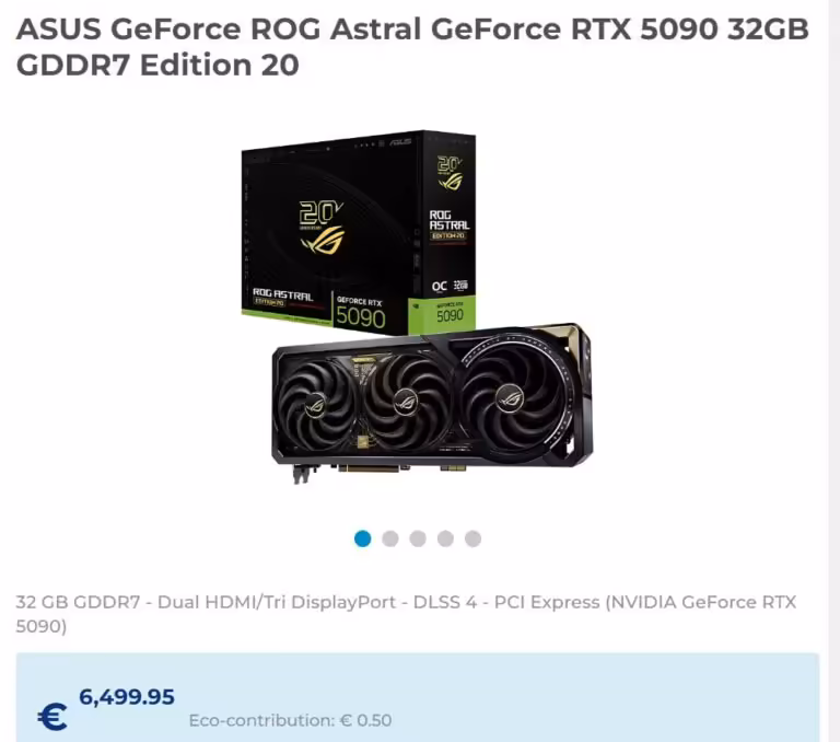Capture page produit ASUS RTX 5090 avec packaging et prix sur fond blanc