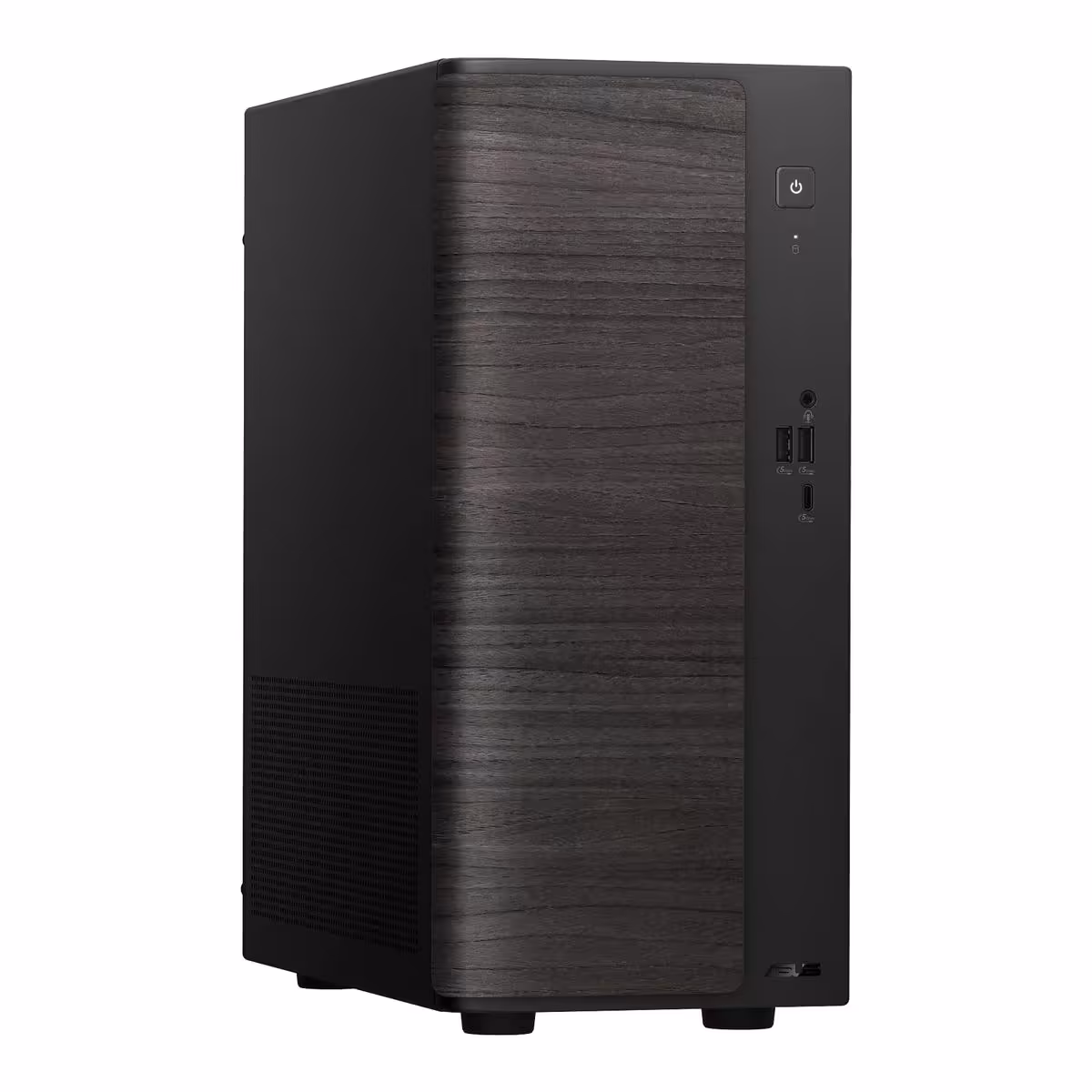ASUS V500 Mini Tower : Ryzen 200 mobiles dès 599 € et option GeForce RTX 5060 2 Tour ASUS V500 Mini design bois foncé élégant, fond neutre, éclairage doux