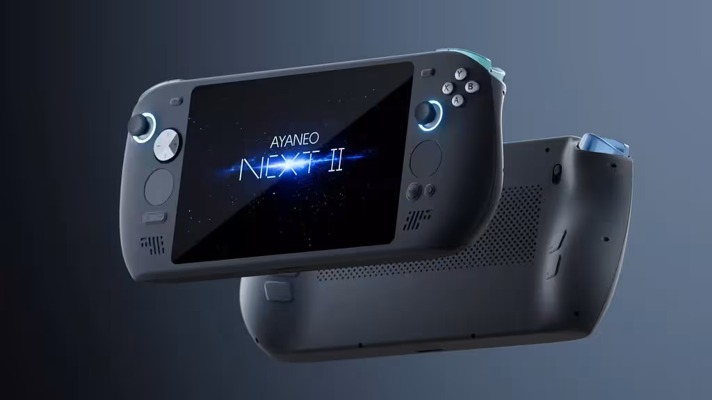 AYANEO NEXT 2 : expéditions fin juillet, mémoire en hausse et retour limité des commandes 3 ** Console AYANEO NEXT 2 avant/arrière, fond neutre, détails nets et contrastes vifs. **