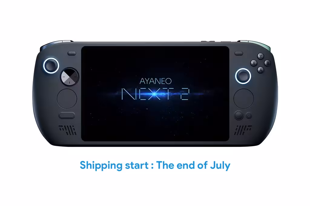AYANEO NEXT 2 : expéditions fin juillet, mémoire en hausse et retour limité des commandes 5 ** Console AYANEO NEXT 2 avec texte sur fond noir, faible contraste, moins percutant.