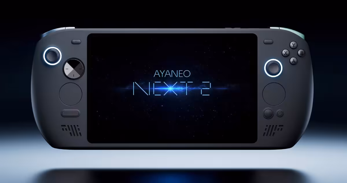 AYANEO NEXT 2 : expéditions fin juillet, mémoire en hausse et retour limité des commandes 2 ** Console portable AYANEO NEXT 2 vue de face, éclairage fort fond noir contraste élevé. **