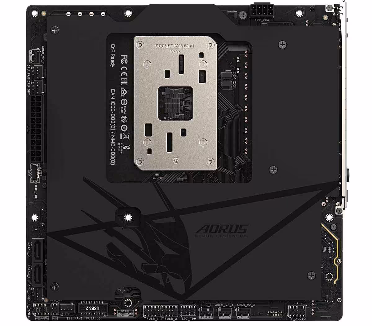 Carte mère GIGABYTE AORUS vue arrière, backplate noire et socket AM5 au centre