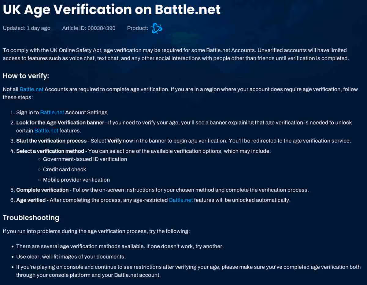 Page Battle.net “UK Age Verification on Battle.net” expliquant la vérification d’âge et les méthodes de validation.
