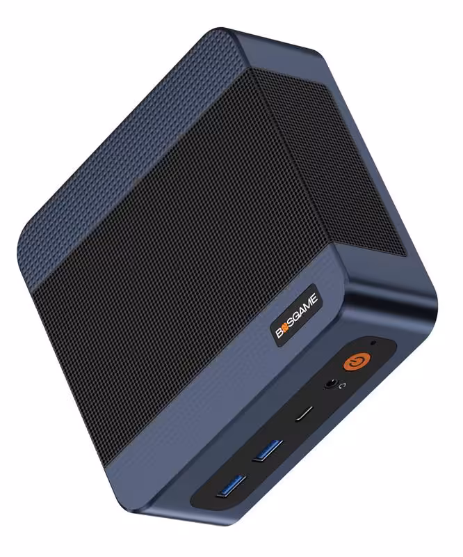 Bosgame E6 ECO : un mini PC Intel Wildcat Lake avec NPU 15 TOPS attendu en 2026 3 Mini PC BOSGAME en angle, coque perforée bleu foncé, ports avant visibles et bouton power orange