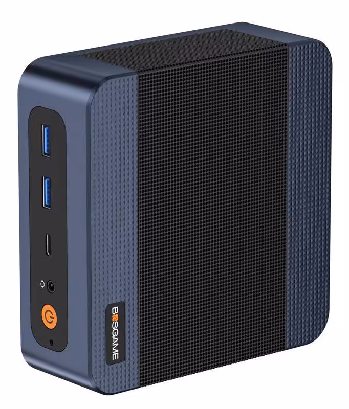 Bosgame E6 ECO : un mini PC Intel Wildcat Lake avec NPU 15 TOPS attendu en 2026 4 Mini PC BOSGAME vertical bleu foncé, façade avant avec ports USB, USB-C, jack audio et bouton power