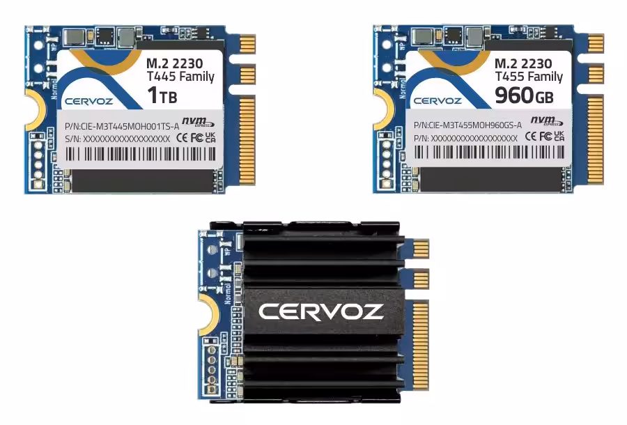 Cervoz T445 et T455 : des SSD NVMe M.2 2230 A+E Key pour l’industriel compact 2 SSD Cervoz M.2 2230 T445 Family 1TB et T455 Family 960GB, avec module à dissipateur noir.