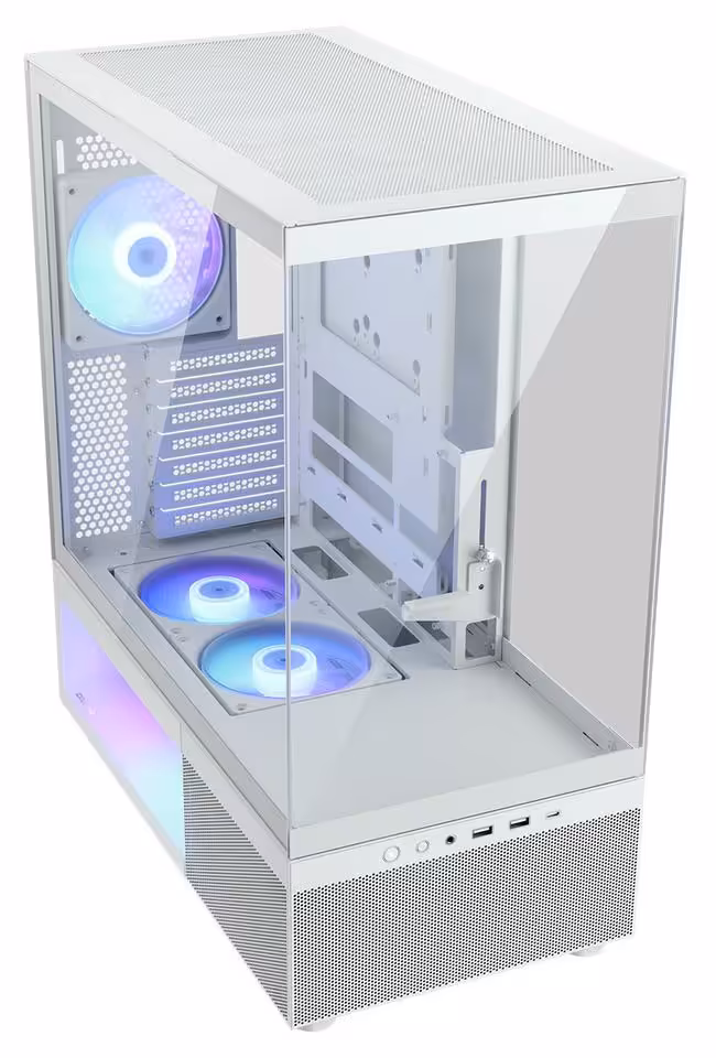 CFV220 RGB : Cougar lance un boîtier ATX compact à triple verre et USB-C 20 Gbps 3 Boîtier ATX Cougar CFV220 RGB blanc, panneau vitré incliné et ventilation RGB