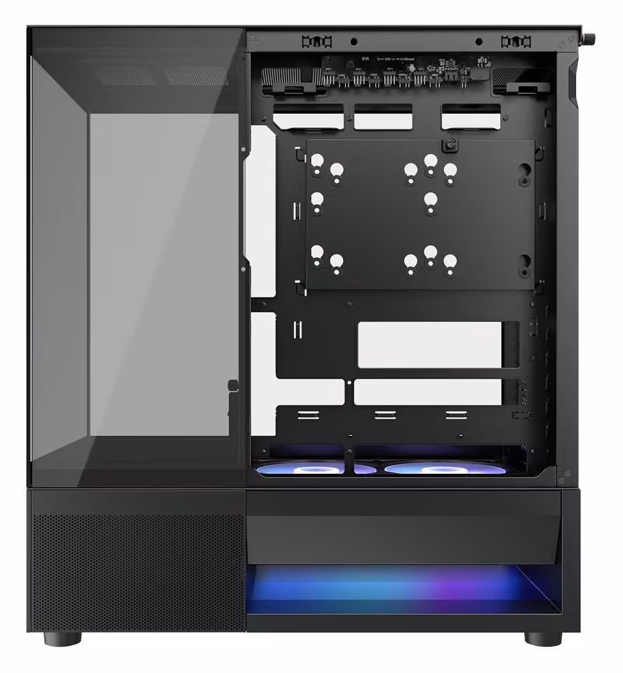 CFV220 RGB : Cougar lance un boîtier ATX compact à triple verre et USB-C 20 Gbps 5 Intérieur du boîtier Cougar CFV220 RGB noir, fixation carte mère ATX et supports ventilateurs bas