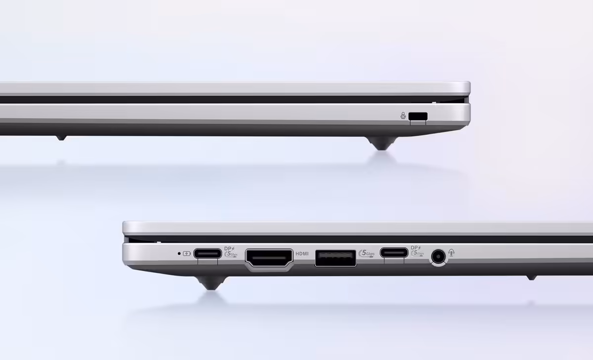 Chromebook ASUS : CM15 à 269,99 $ et CM32 Detachable 120 Hz désormais aux États-Unis 4 Vue latérale d’un Chromebook ASUS, montrant les ports USB-C, HDMI, USB-A et prise jack.