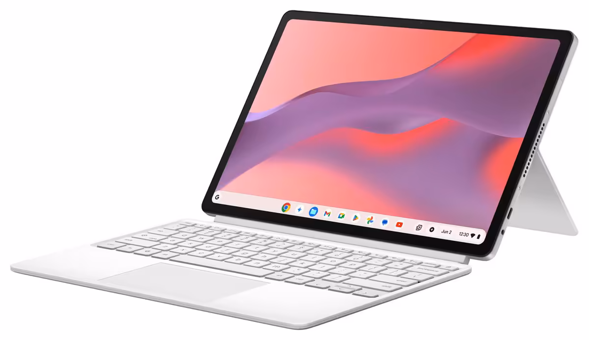 Chromebook ASUS : CM15 à 269,99 $ et CM32 Detachable 120 Hz désormais aux États-Unis 7 Chromebook ASUS convertible blanc avec clavier détachable et support arrière, écran tactile en mode tente.