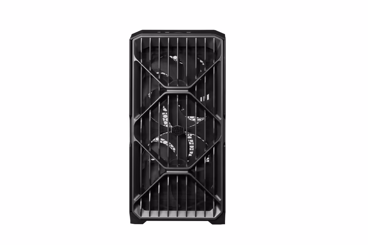 Vue frontale du boîtier Cooler Master HAF II 500, façade grille airflow noire avec ventilateurs visibles