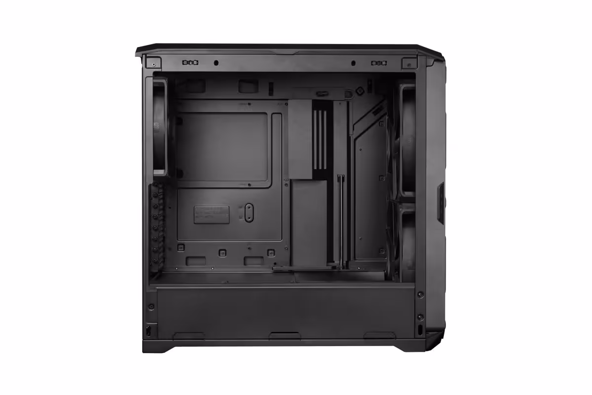 Intérieur du Cooler Master HAF II 500, vue côté arrière avec zones de rangement et passages câbles