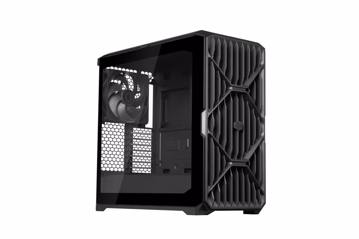 Boîtier Cooler Master HAF II 500 vu en angle, façade grille et panneau latéral vitré