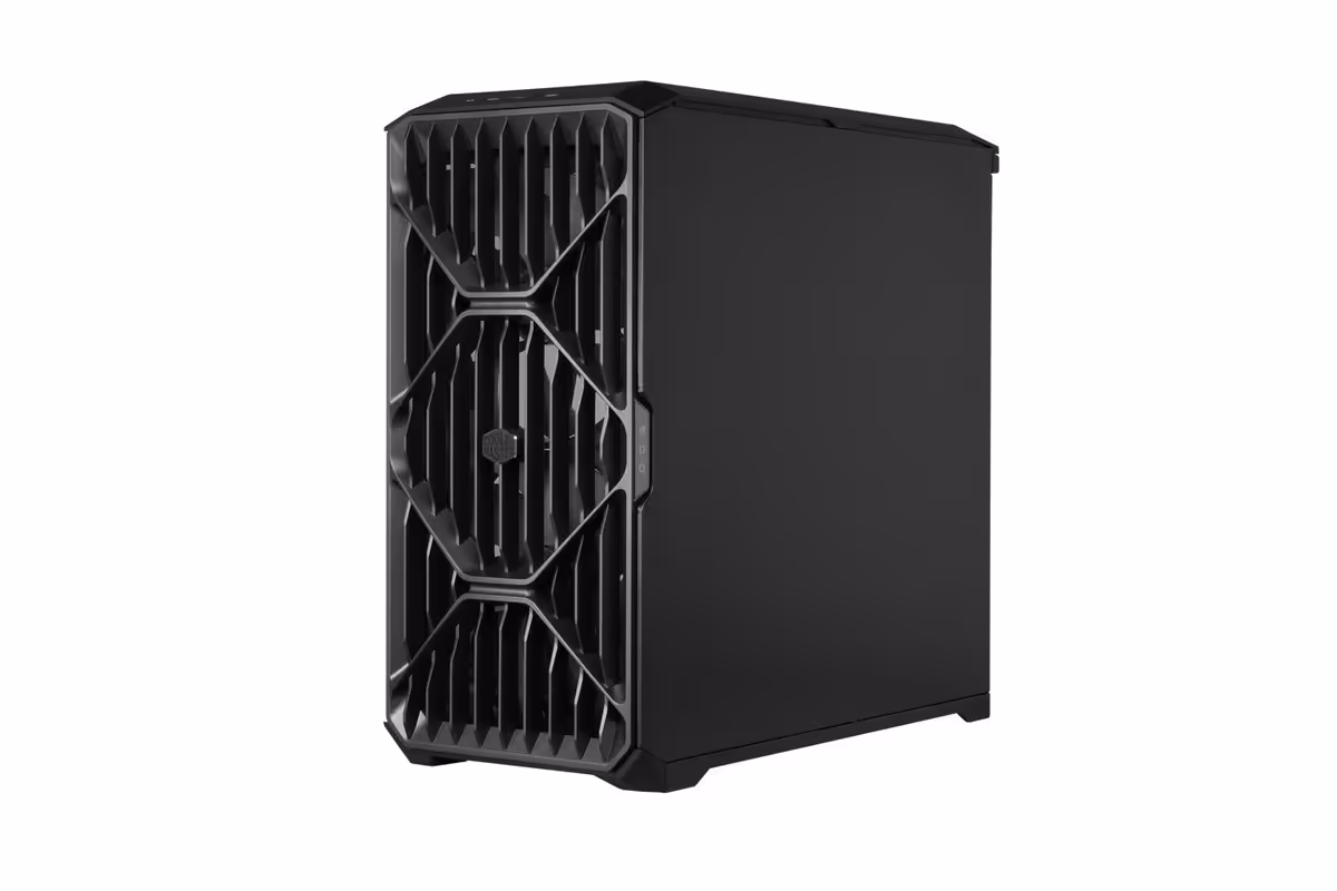 Vue trois-quarts arrière du boîtier Cooler Master HAF II 500, panneau plein noir et façade airflow