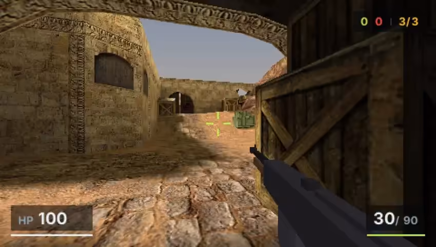 Capture d'écran d'un jeu de tir à la première personne avec interface utilisateur visible.