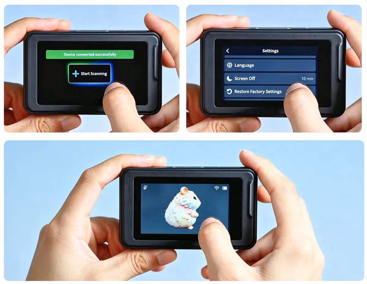 Scanner 3D Creality Pika utilisé à l’écran tactile, interface de configuration et scan 3D