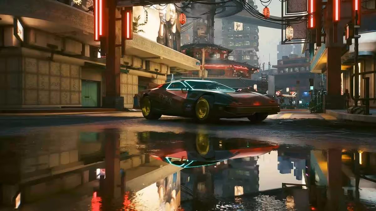 Voiture futuriste sur une rue humide, éclairage néon rouge, ambiance nocturne.