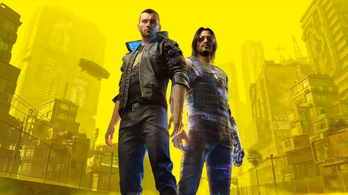 Deux personnages Cyberpunk sur fond jaune vif avec gratte-ciels.