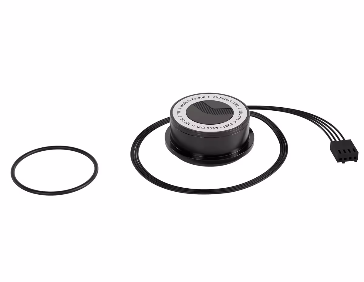Module pompe Alphacool DDCzero compact avec câble d’alimentation, joint torique et capot circulaire noir