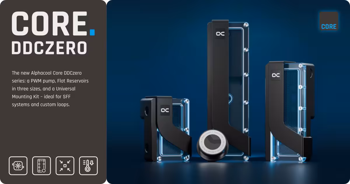 Visuel promotionnel Alphacool CORE DDCzero avec plusieurs formats de réservoirs et pompe DDCzero