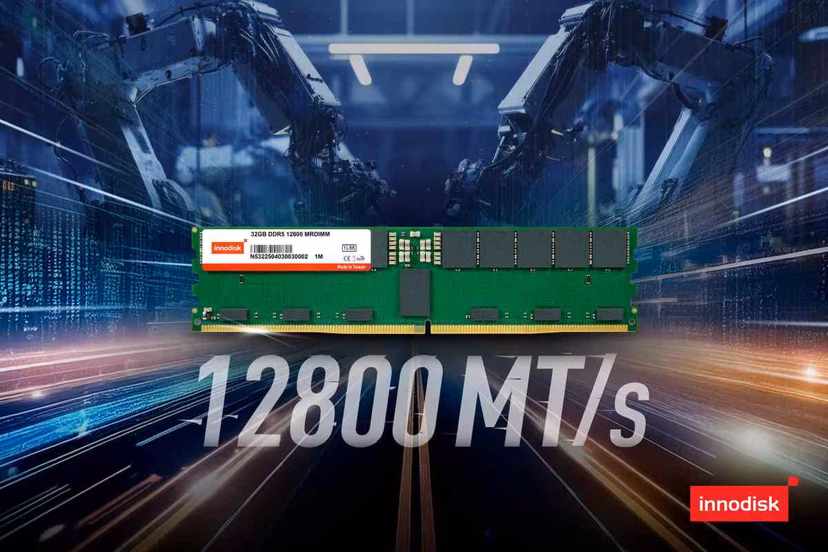 DDR5 12800 MT/s MRDIMM : Innodisk vise le mur mémoire de l’IA et du HPC 2 Module mémoire Innodisk DDR5 12800 MT/s avec fond serveur, visuel promotionnel et logo Innodisk