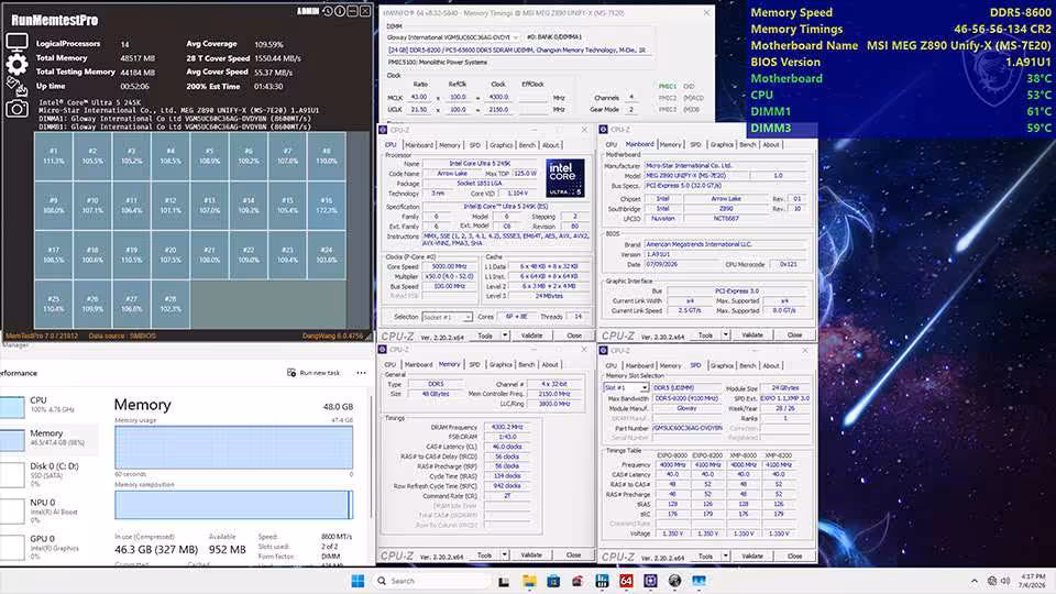 Capture d’écran de benchmarks mémoire DDR5, outils CPU-Z et HWiNFO, avec fond spatial MSI