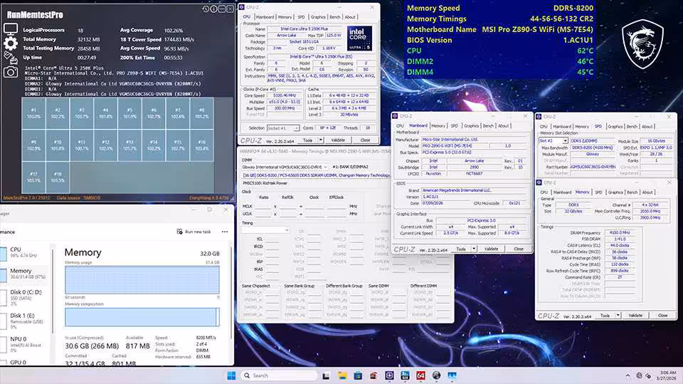 Capture d’écran de tests DDR5-8000, fenêtres CPU-Z, HWiNFO et Memory Mark sur PC Windows
