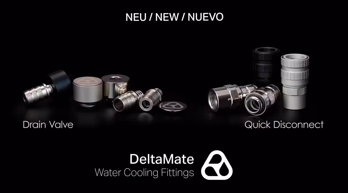 DeltaMate QDC : Thermal Grizzly ajoute des raccords rapides et une vanne de vidange 2 Raccords DeltaMate Water Cooling Fittings avec Drain Valve et Quick Disconnect sur fond noir