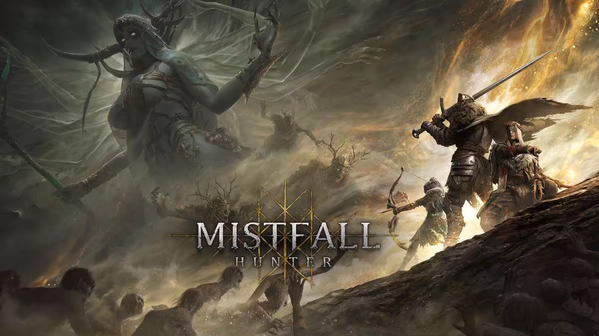 Illustration Mistfall Hunter avec monstre spectral géant et guerriers armés sur une falaise dramatique.