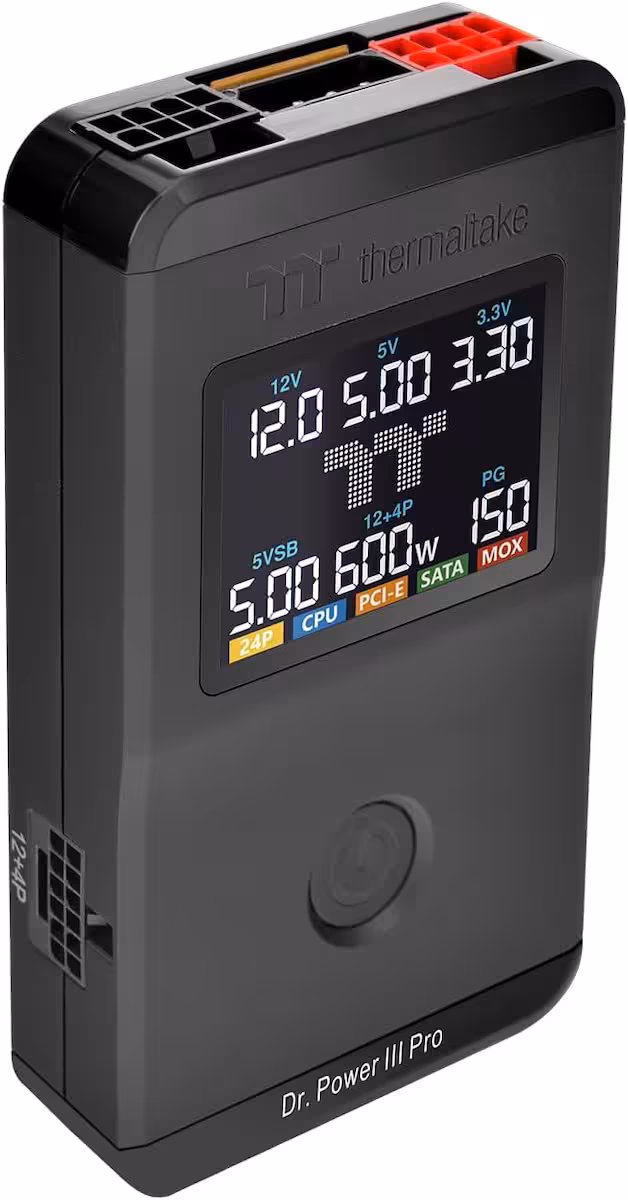 Thermaltake Dr. Power III Pro, testeur d’alimentation PC avec écran LCD affichant tensions 12V, 5V, 3.3V.