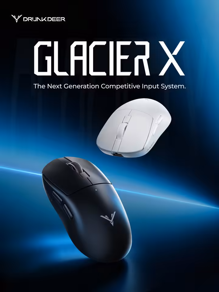 Deux souris gaming DrunkDeer Glacier X, versions noire et blanche, visuel produit sur fond bleu lumineux