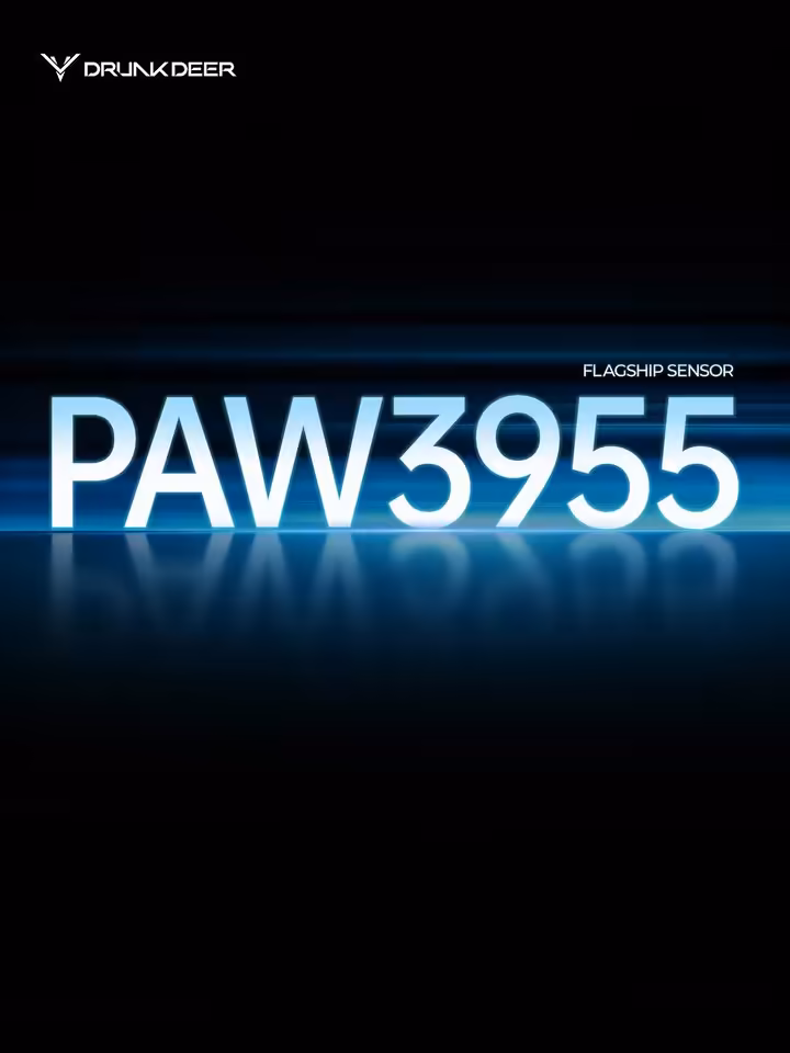 Texte promotionnel DrunkDeer indiquant capteur flagship PAW3955 sur fond sombre