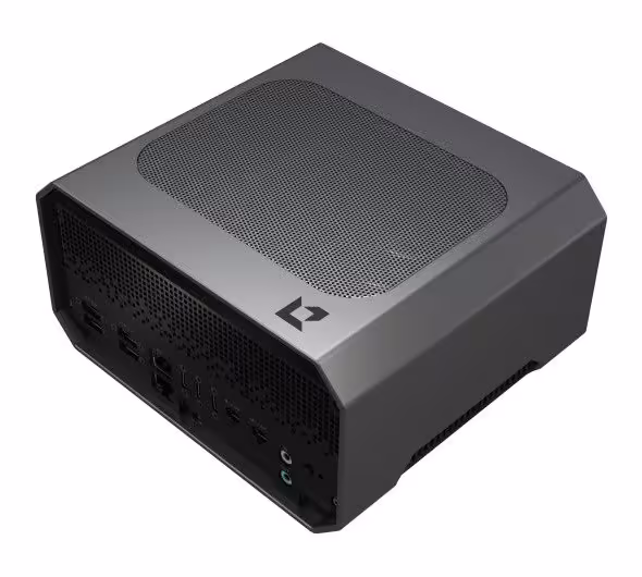 Boîtier SAPPHIRE EDGE+ Apex noir, vue trois-quarts avec grille supérieure de ventilation