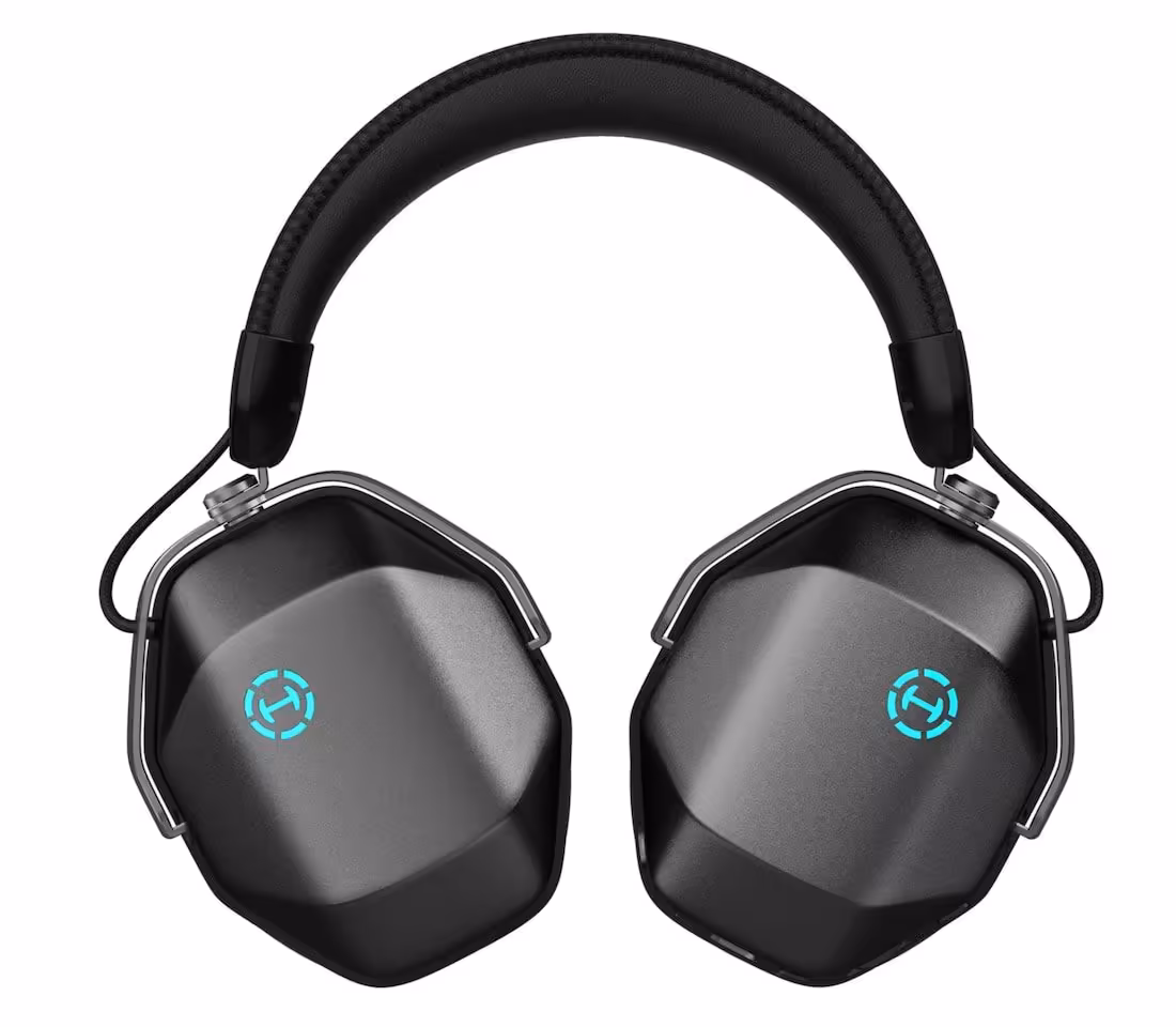 Vue de face du casque gaming Edifier G5 Max noir, oreillettes polygonales et logo lumineux