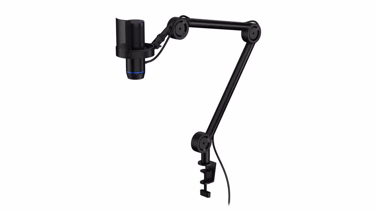 Endorfy Solum 2 : quatre microphones USB pensés pour le stream, le jeu et le télétravail 4 Micro USB Endorfy Solum 2 noir monté sur bras articulé avec pince de fixation et câble USB visible
