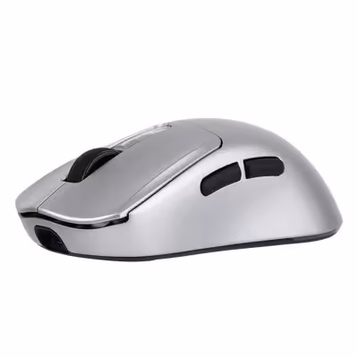 Souris ergonomique grise vue de profil, avec deux boutons latéraux et design compact