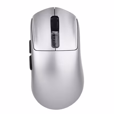 Souris sans fil grise vue de dessus, molette centrale et bouton DPI latéral visible