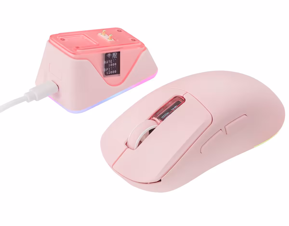 Souris rose avec écran OLED et station de charge RGB assortie