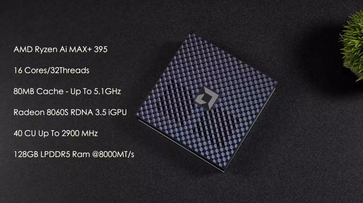SteamOS sur Ryzen AI Halo : ETA Prime transforme une station AMD à 3 999 $ en machine de jeu 3 Capture specs Ryzen Ai MAX+ 395, fond sombre avec plante