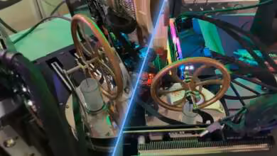 A small Stirling engine was placed on a Threadripper board heatsink and powered by waste heat