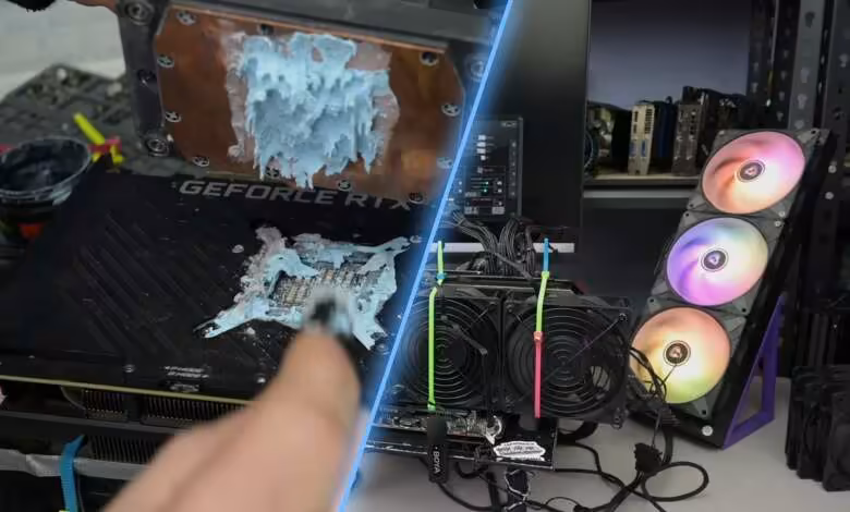 RTX 3080 : 11 ventilateurs et un watercooling pour gagner 4 FPS au maximum 1 TrashBench’s 11-fan RTX 3080 mod: zipties, server grade fans and thermal putty