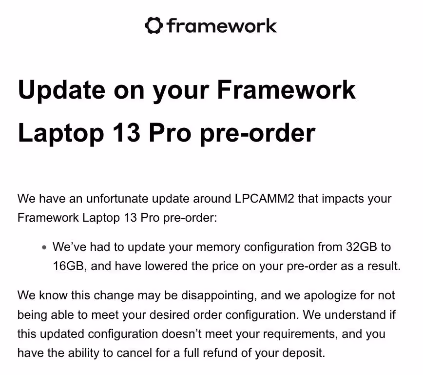 Capture d’écran du message Framework annonçant une mise à jour de précommande Laptop 13 Pro