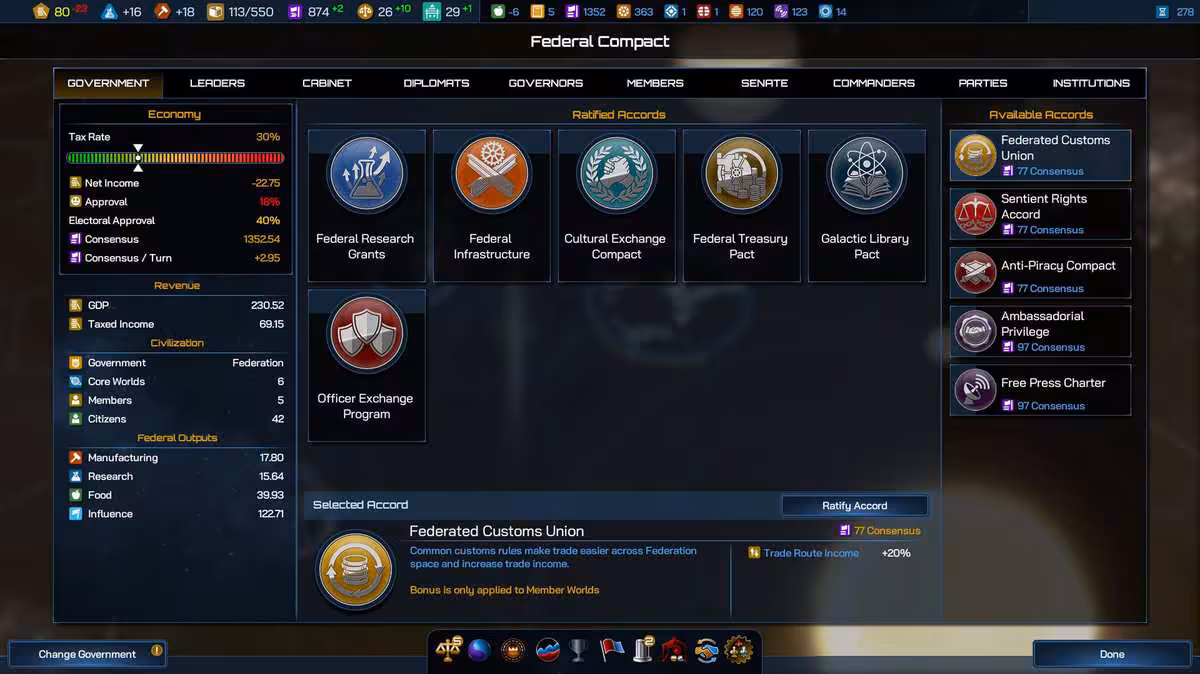 Galactic Civilizations IV enrichit sa stratégie avec Federations & Empires et la mise à jour 4.0 2 Interface diplomatique Galactic Civilizations IV, panneau Federal Compact et icônes de traités