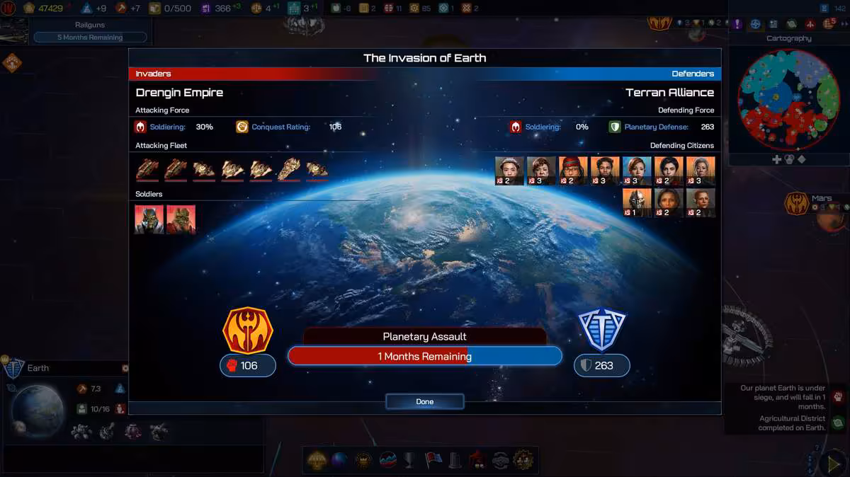 Galactic Civilizations IV enrichit sa stratégie avec Federations & Empires et la mise à jour 4.0 3 Bataille spatiale sur Terre, siège de Drenjin Empire contre Terran Alliance
