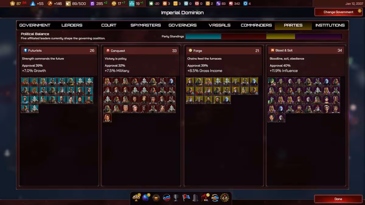 Galactic Civilizations IV enrichit sa stratégie avec Federations & Empires et la mise à jour 4.0 4 Interface de factions d'Imperial Dominion avec catégories gouvernement, leaders, court et parties