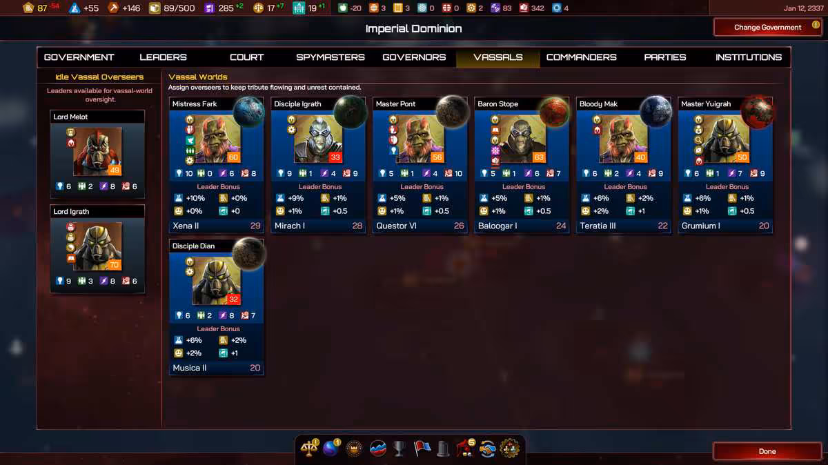 Galactic Civilizations IV enrichit sa stratégie avec Federations & Empires et la mise à jour 4.0 5 Écran des leaders d'Imperial Dominion avec portraits de personnages et statistiques